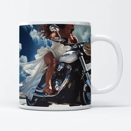 Woman Riding Cruiser Motorcycle Blue Sky