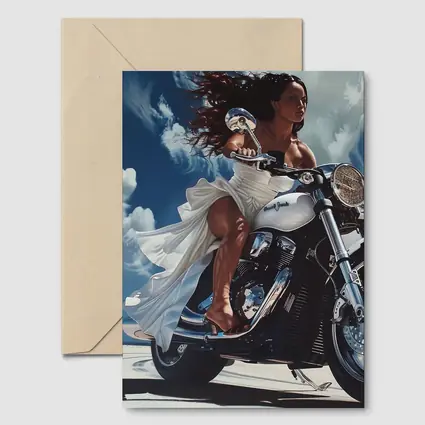 Woman Riding Cruiser Motorcycle Blue Sky