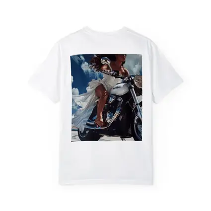 Woman Riding Cruiser Motorcycle Blue Sky