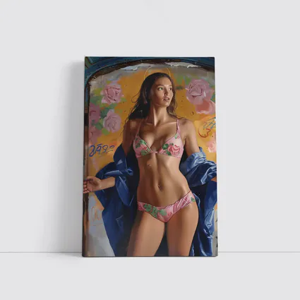 Woman in Pink Floral Bikini Graffiti Background