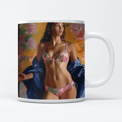 Woman in Pink Floral Bikini Graffiti Background