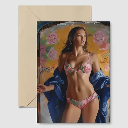 Woman in Pink Floral Bikini Graffiti Background