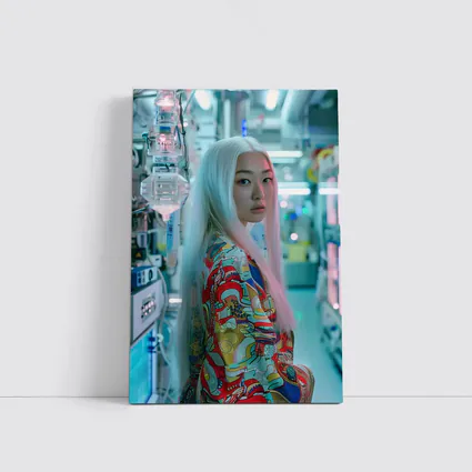 Asian Woman White Hair Cyberpunk Lab Setting