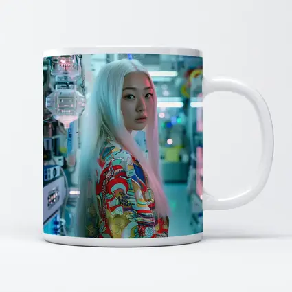 Asian Woman White Hair Cyberpunk Lab Setting