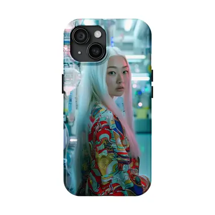 Asian Woman White Hair Cyberpunk Lab Setting