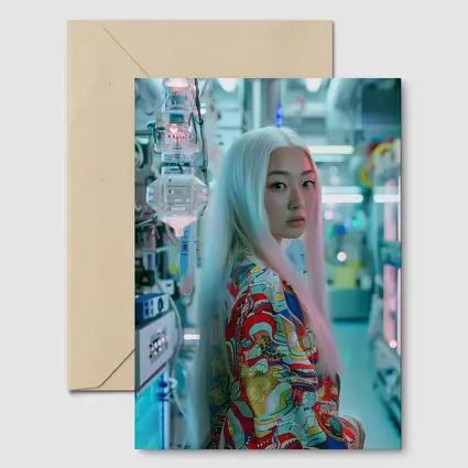 Asian Woman White Hair Cyberpunk Lab Setting