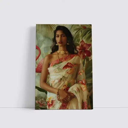 Indian Woman Floral Saree Tropical Garden