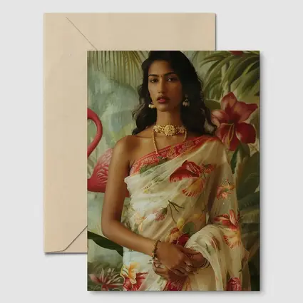 Indian Woman Floral Saree Tropical Garden