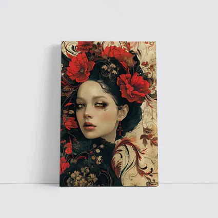Dark Floral Woman Portrait Red Poppies Art