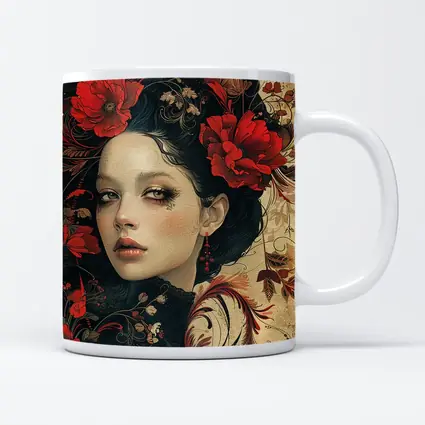 Dark Floral Woman Portrait Red Poppies Art