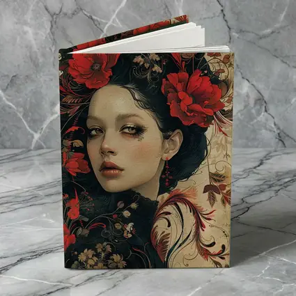 Dark Floral Woman Portrait Red Poppies Art