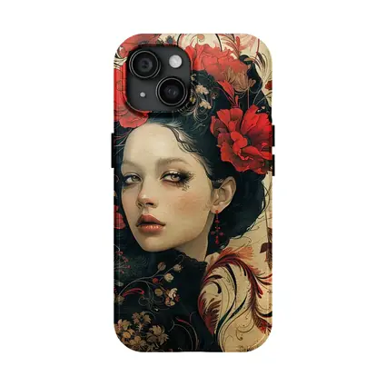 Dark Floral Woman Portrait Red Poppies Art