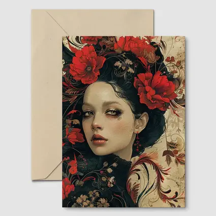 Dark Floral Woman Portrait Red Poppies Art