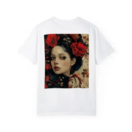 Dark Floral Woman Portrait Red Poppies Art