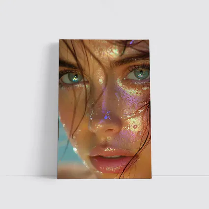 Close Up Woman Face Iridescent Glitter Drops