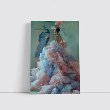 Woman in Pink Tulle Gown Peacock Background