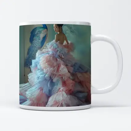 Woman in Pink Tulle Gown Peacock Background