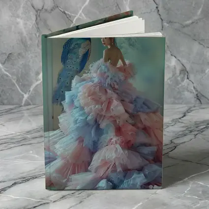 Woman in Pink Tulle Gown Peacock Background