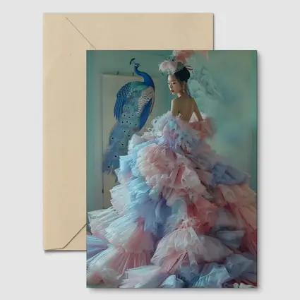 Woman in Pink Tulle Gown Peacock Background