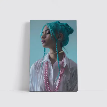 Teal Hair Woman Pink Pearls Light Background