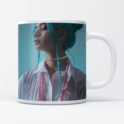 Teal Hair Woman Pink Pearls Light Background