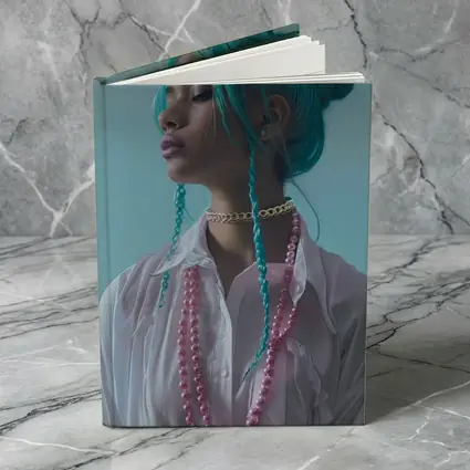 Teal Hair Woman Pink Pearls Light Background