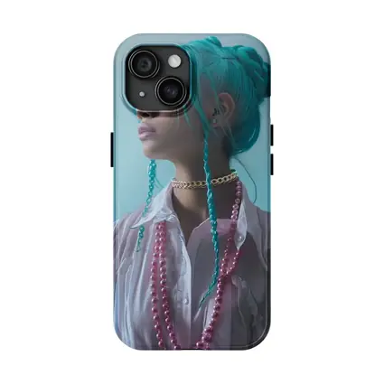 Teal Hair Woman Pink Pearls Light Background