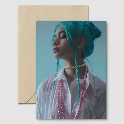 Teal Hair Woman Pink Pearls Light Background
