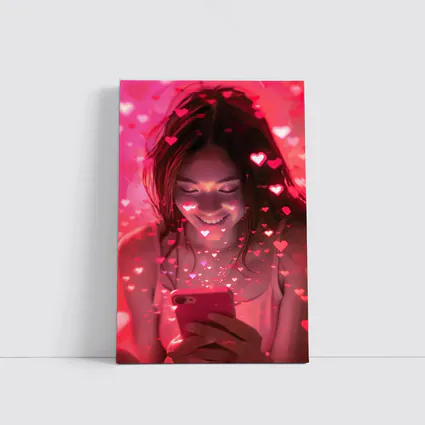 Smiling Girl Hearts Flying Pink Phone
