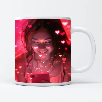 Smiling Girl Hearts Flying Pink Phone
