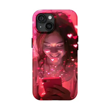 Smiling Girl Hearts Flying Pink Phone