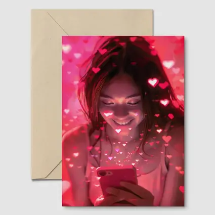 Smiling Girl Hearts Flying Pink Phone