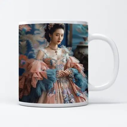 Asian Woman Baroque Peacock Feather Gown