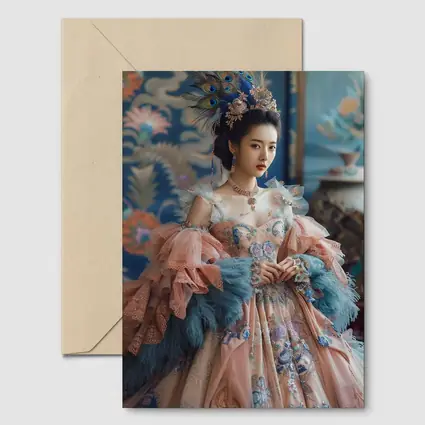 Asian Woman Baroque Peacock Feather Gown