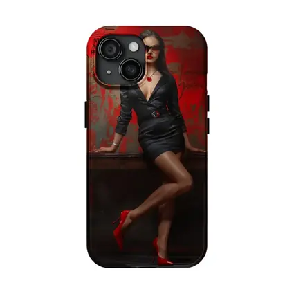 Confident Woman Black Dress Red Wall