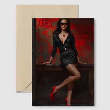Confident Woman Black Dress Red Wall