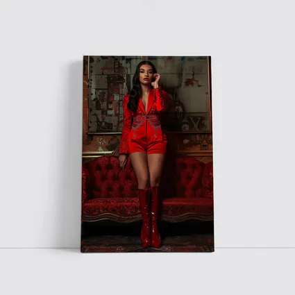Woman Red Suit Shorts Ornate Interior