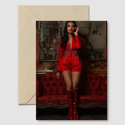 Woman Red Suit Shorts Ornate Interior