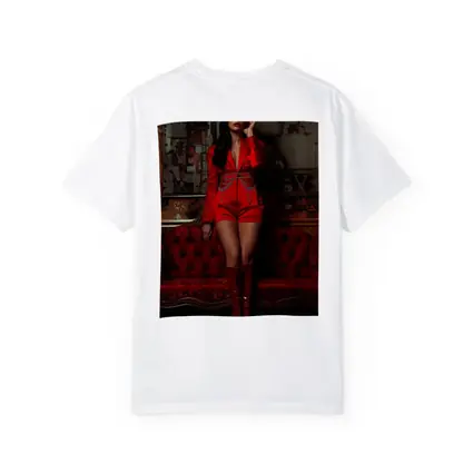 Woman Red Suit Shorts Ornate Interior