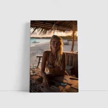 Blonde Woman at Tropical Beach Bar Sunset