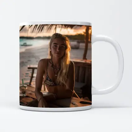 Blonde Woman at Tropical Beach Bar Sunset