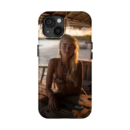 Blonde Woman at Tropical Beach Bar Sunset