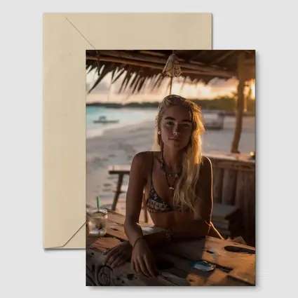 Blonde Woman at Tropical Beach Bar Sunset