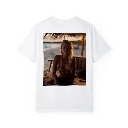 Blonde Woman at Tropical Beach Bar Sunset