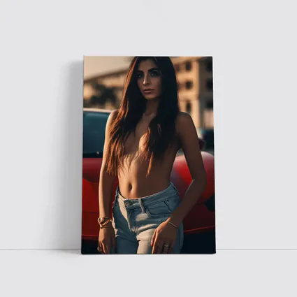 Topless Woman Leaning Red Car Outdoors