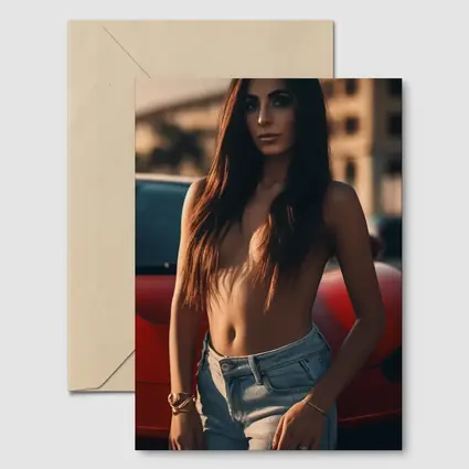 Topless Woman Leaning Red Car Outdoors