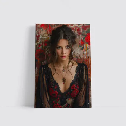 Elegant Woman Red Floral Lace Dress Portrait