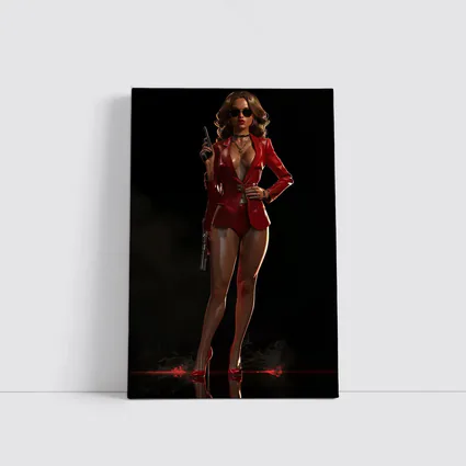 Red Suit Armed Woman Dark Background Art
