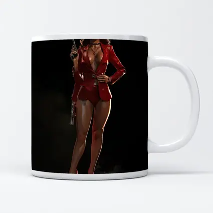 Red Suit Armed Woman Dark Background Art