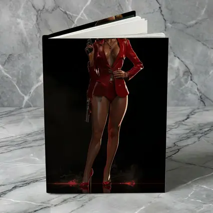 Red Suit Armed Woman Dark Background Art